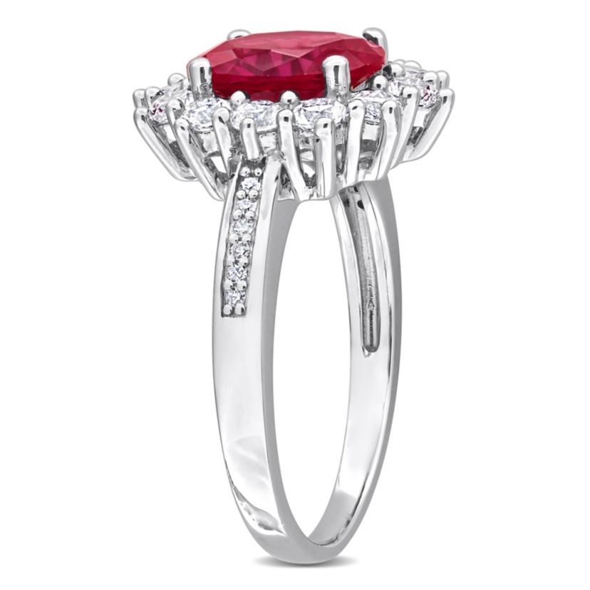 Lab Created 3 Piece Set of Created Ruby, White Sapphire, & Diamond Accent Earrings, Halo Pendant & Cocktail Ring in Sterling Silver, 18"