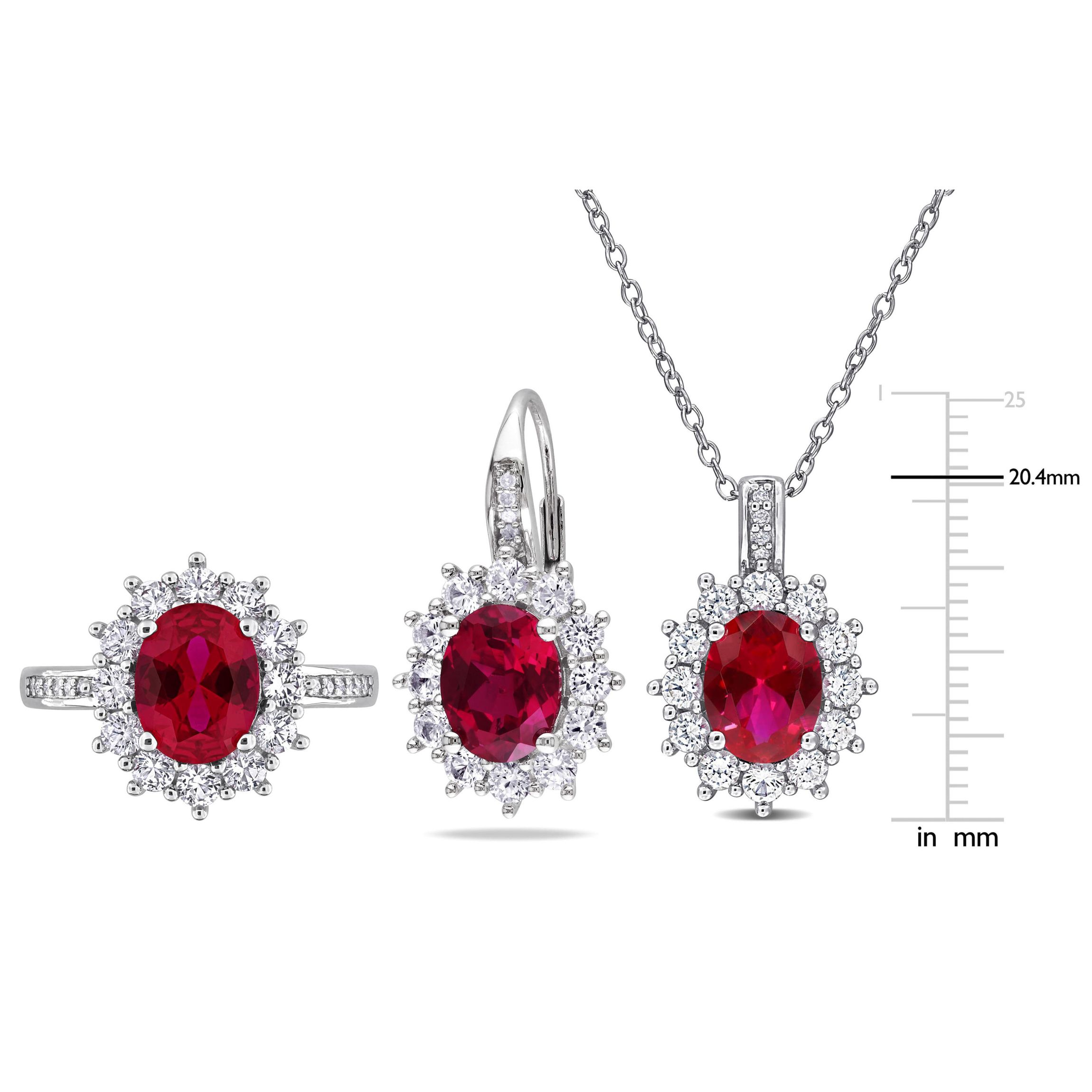 Lab Created 3 Piece Set of Created Ruby, White Sapphire, & Diamond Accent Earrings, Halo Pendant & Cocktail Ring in Sterling Silver, 18"