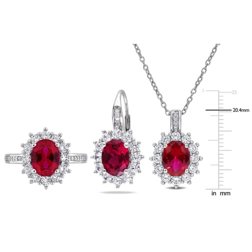 Lab Created 3 Piece Set of Created Ruby, White Sapphire, & Diamond Accent Earrings, Halo Pendant & Cocktail Ring in Sterling Silver, 18"