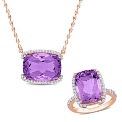 Belk & Co 2 Piece Set of Rose de France & White Topaz Halo Pendant with Chain, Bracket & Cocktail Ring in Rose Plated Sterling Silver, 18", Pink, 6