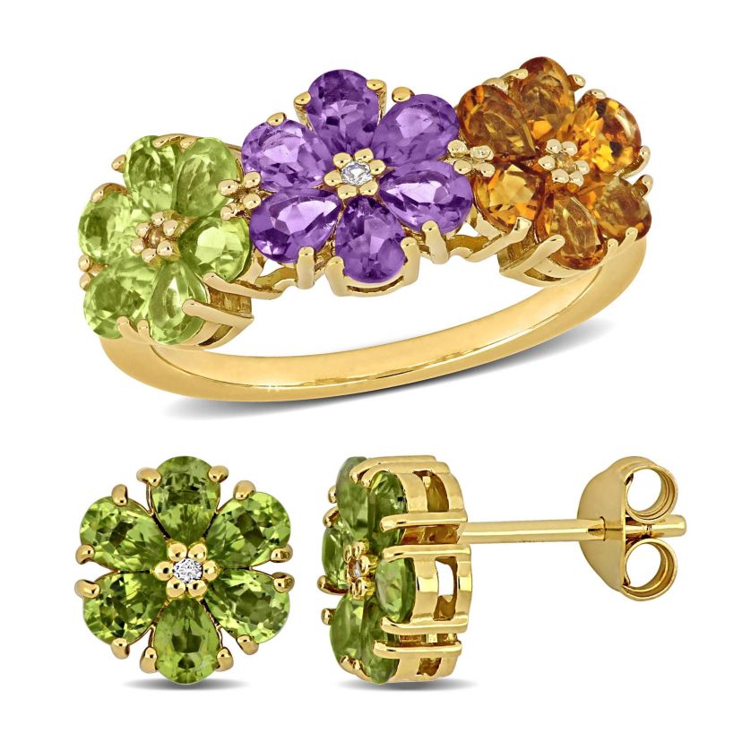 2 Piece Set of Peridot, Amethyst, Citrine, & White Topaz Floral Earrings & Ring in Yellow Plated Sterling Silver