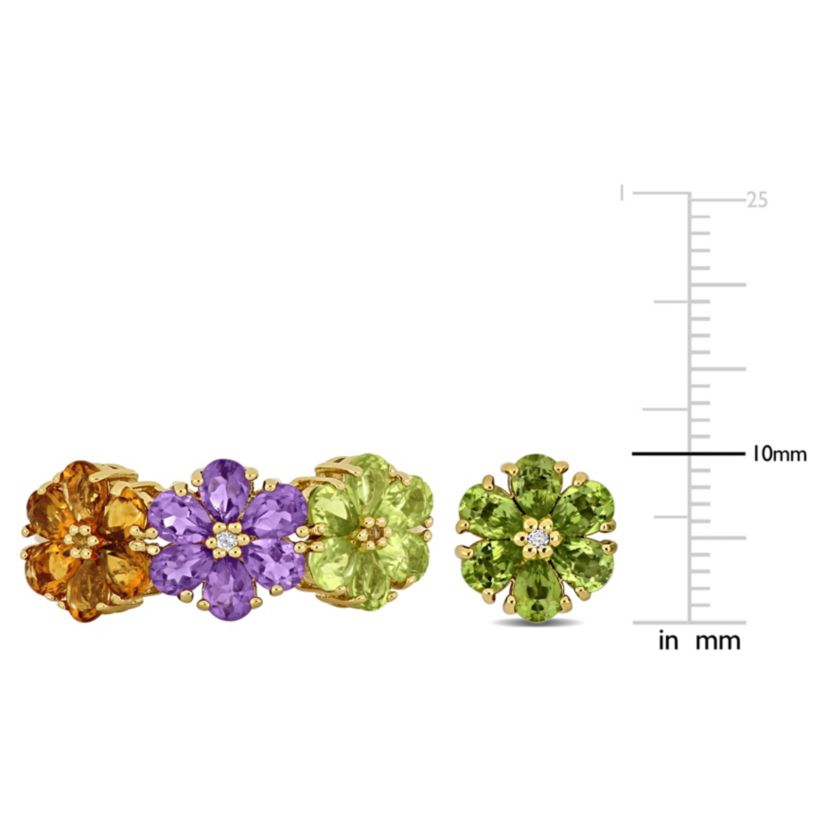 2 Piece Set of Peridot, Amethyst, Citrine, & White Topaz Floral Earrings & Ring in Yellow Plated Sterling Silver