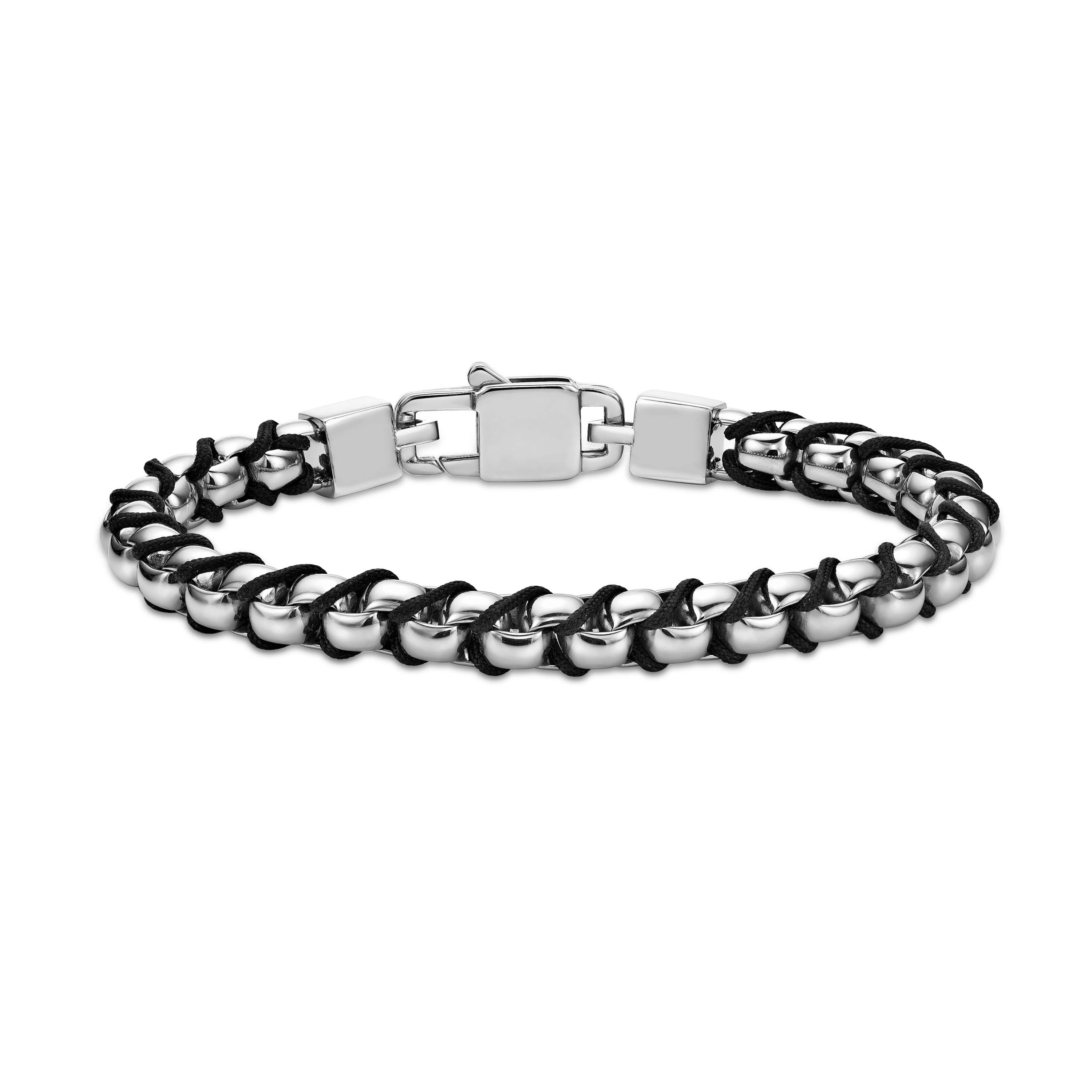 Stainless Steel with Braided Cord Box Chain Bracelet