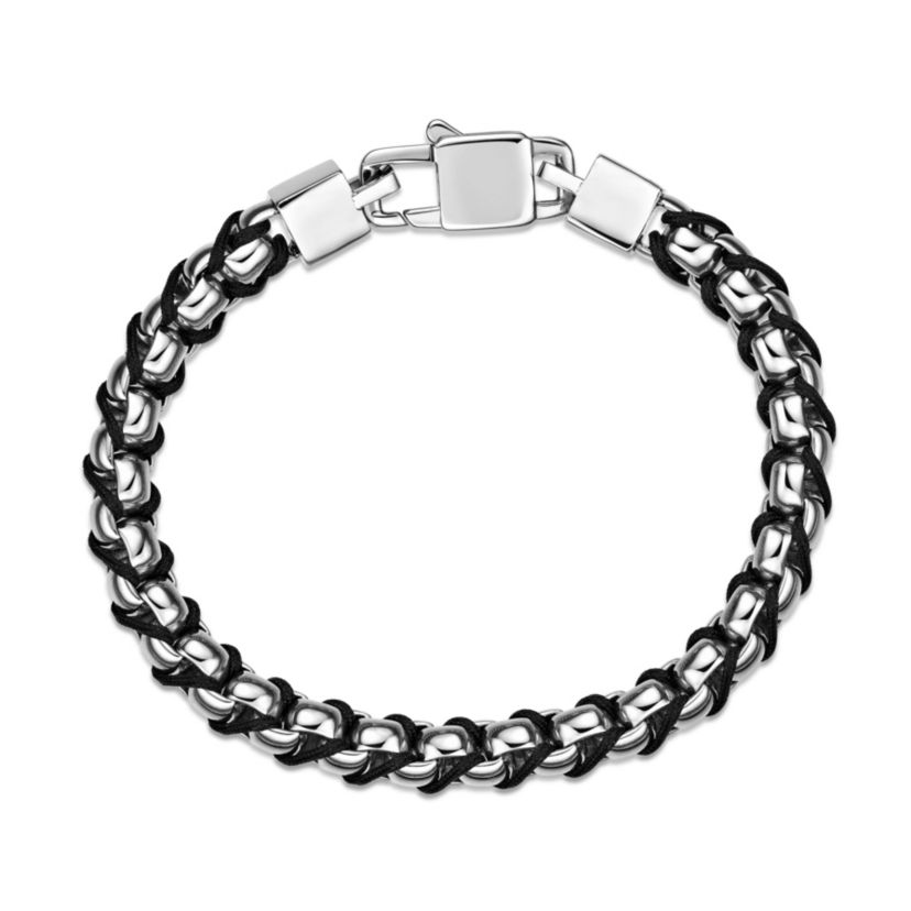 Stainless Steel with Braided Cord Box Chain Bracelet