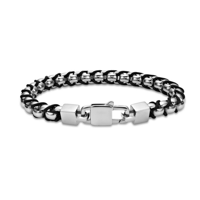 Stainless Steel with Braided Cord Box Chain Bracelet