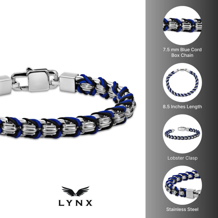 Stainless Steel with Braided Cord Box Chain Bracelet
