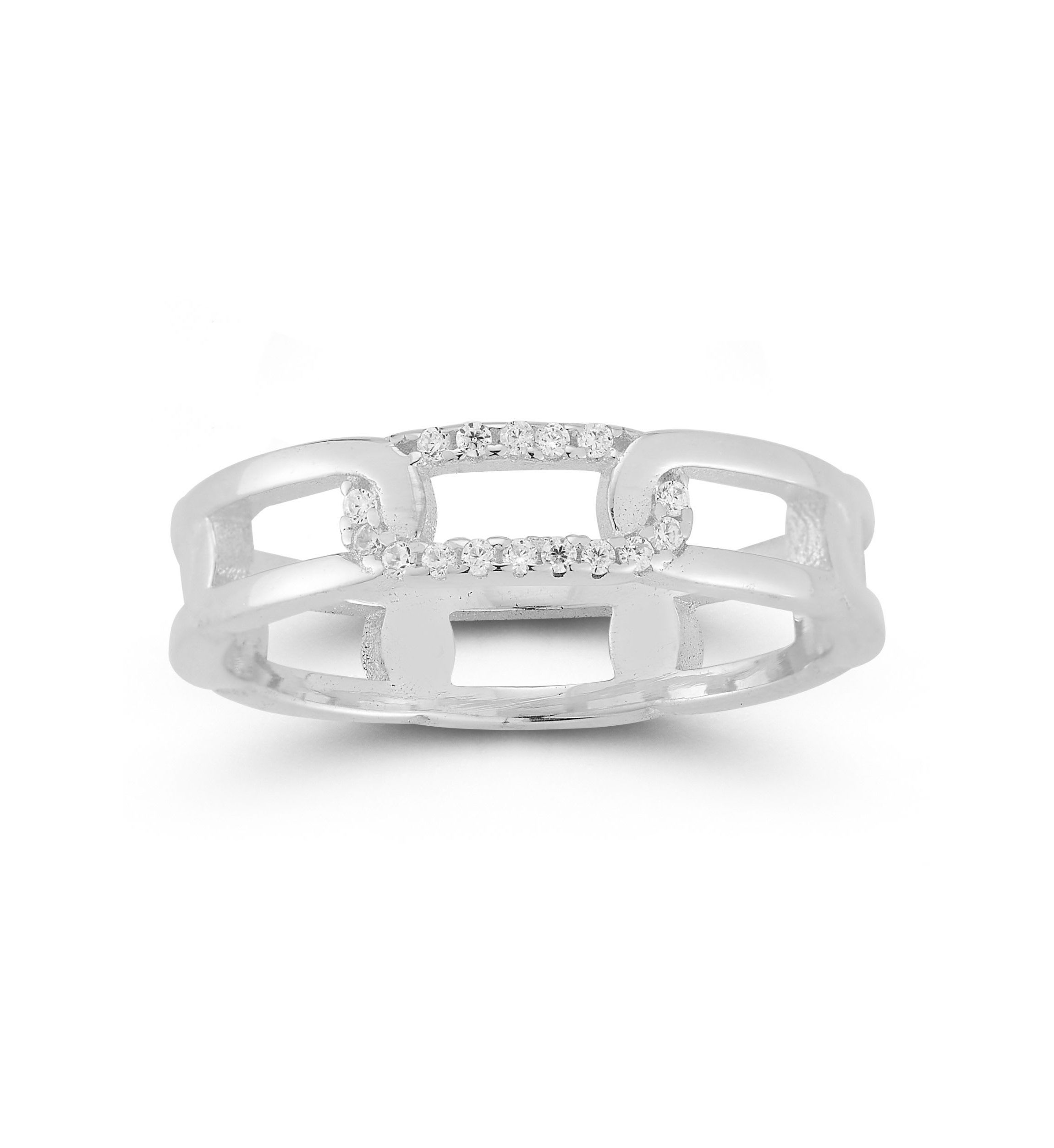 Sterling Silver Cubic Zirconia Elongated Link Band Ring
