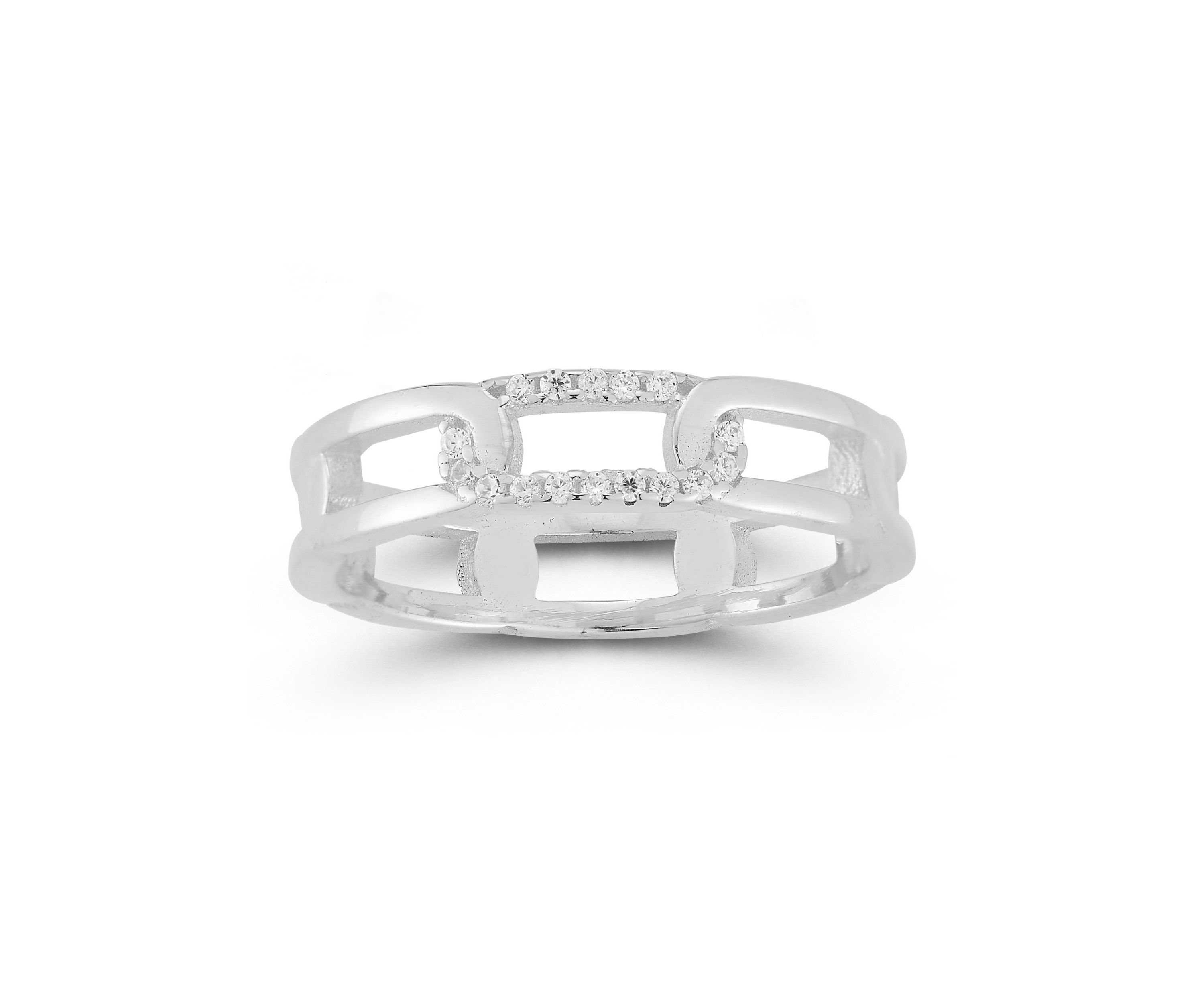 Sterling Silver Cubic Zirconia Elongated Link Band Ring
