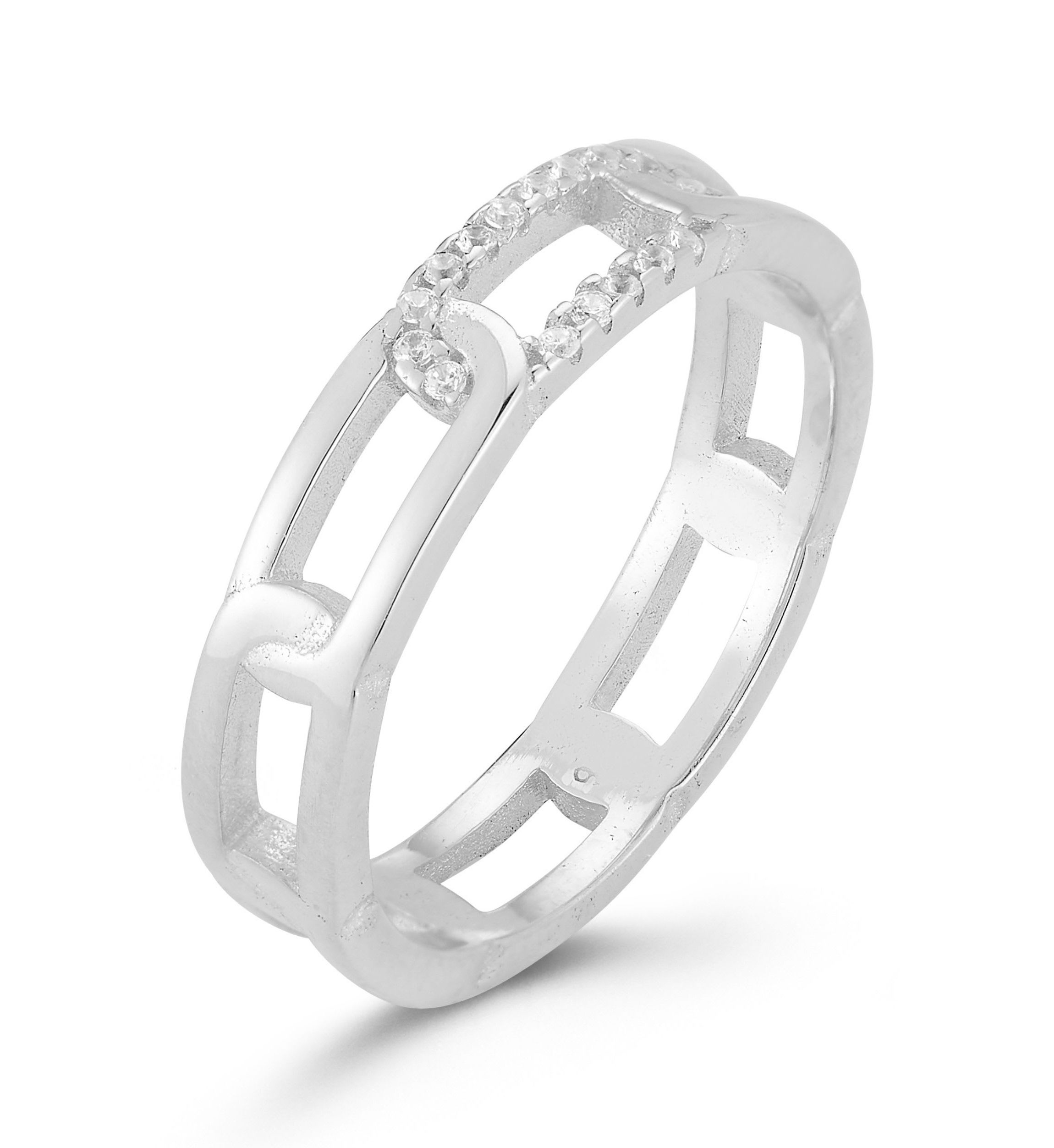 Sterling Silver Cubic Zirconia Elongated Link Band Ring