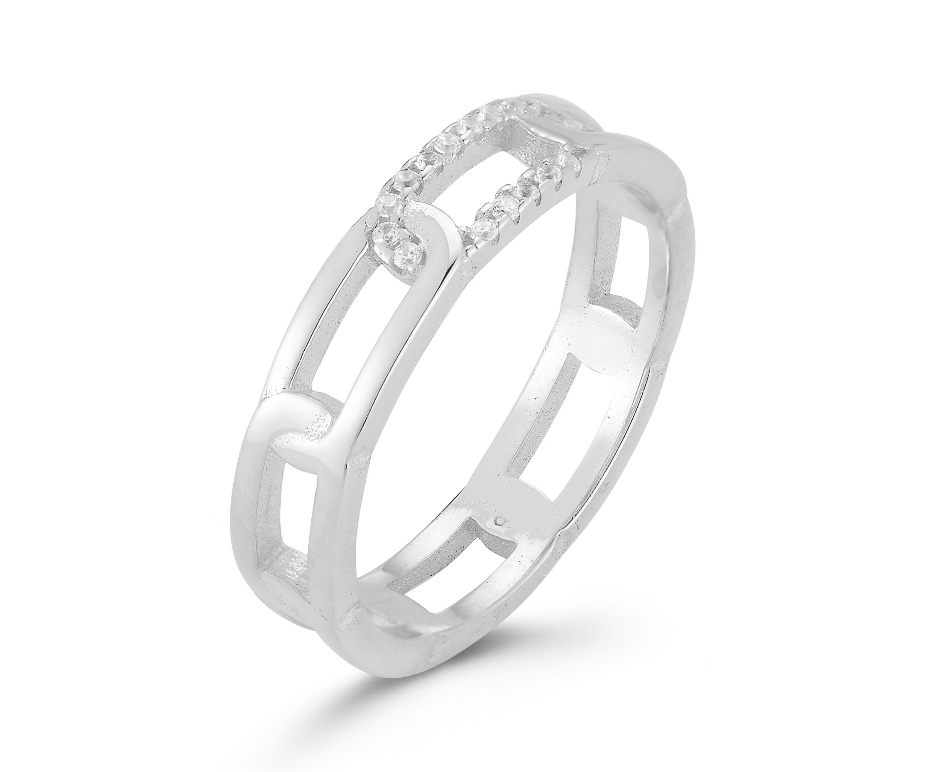Sterling Silver Cubic Zirconia Elongated Link Band Ring