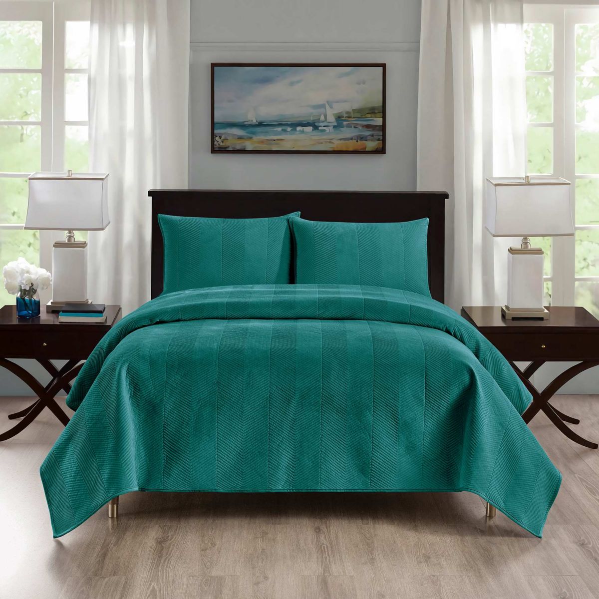 Pointehaven Luxury Chevron Velvet Quilt Set