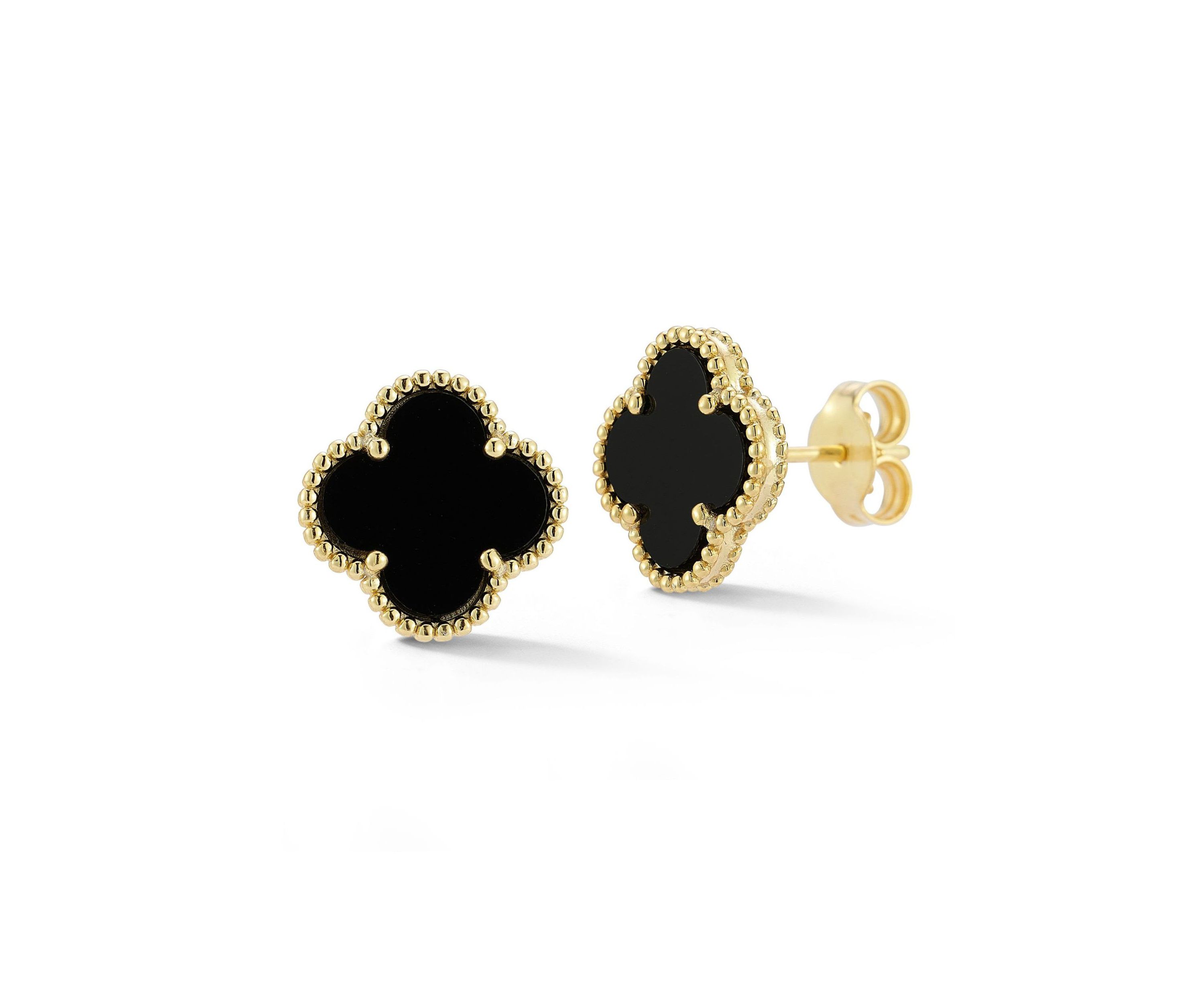 Sterling Silver Black Agate Clover Stud Earrings