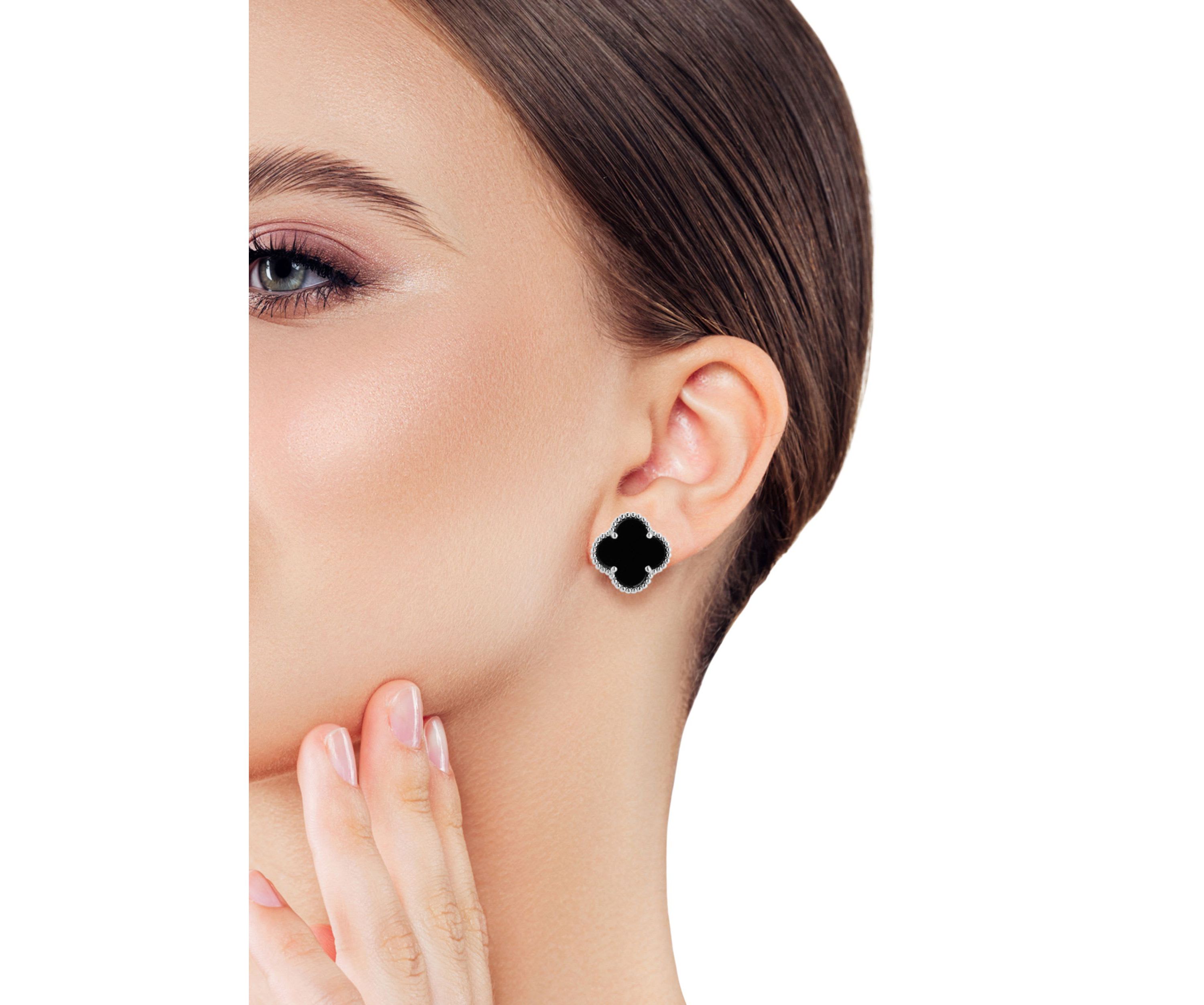 Sterling Silver Black Agate Clover Stud Earrings