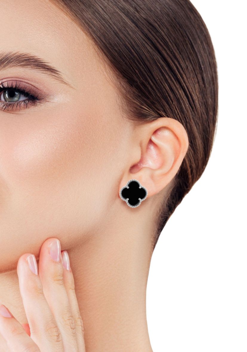 Sterling Silver Black Agate Clover Stud Earrings