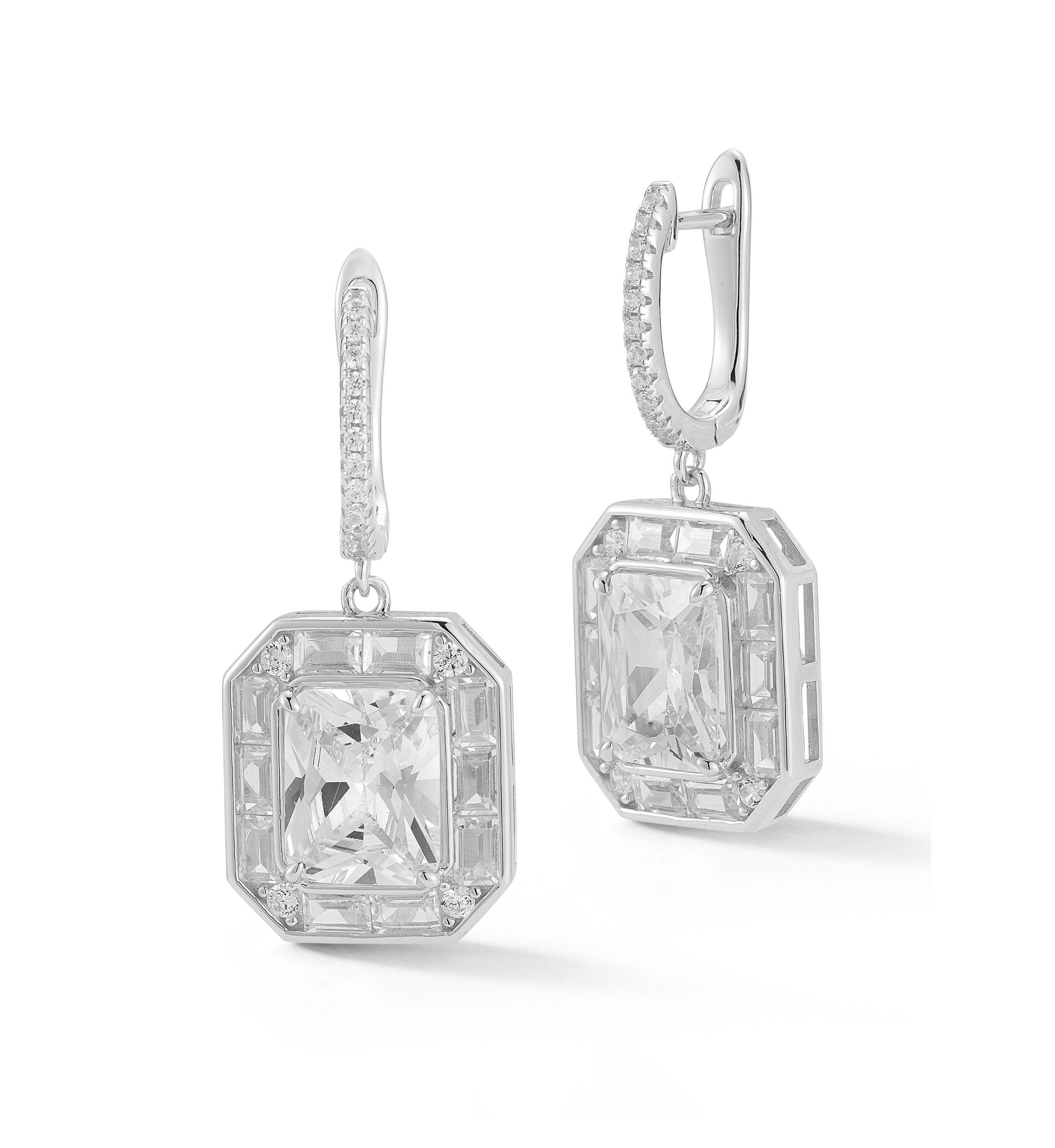 Sterling Silver Cubic Zirconia Radiant Cut Charm Huggie Hoop Earrings