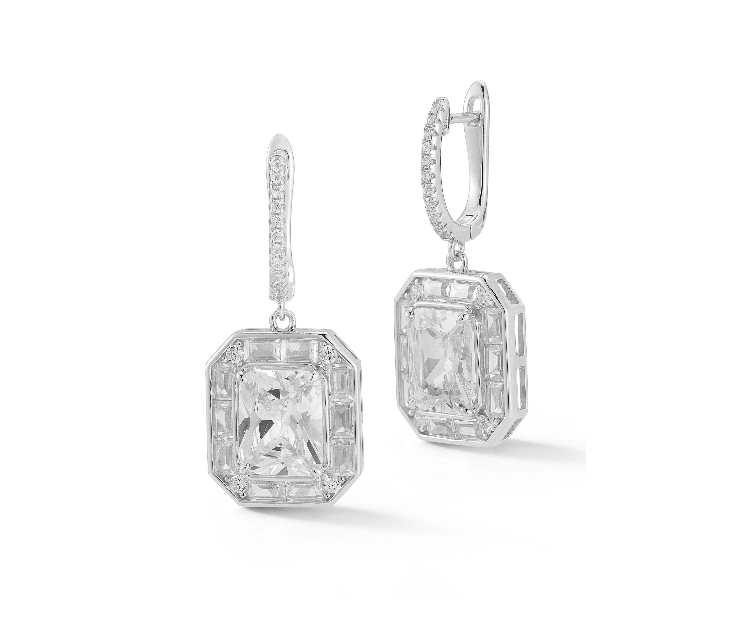 Sterling Silver Cubic Zirconia Radiant Cut Charm Huggie Hoop Earrings