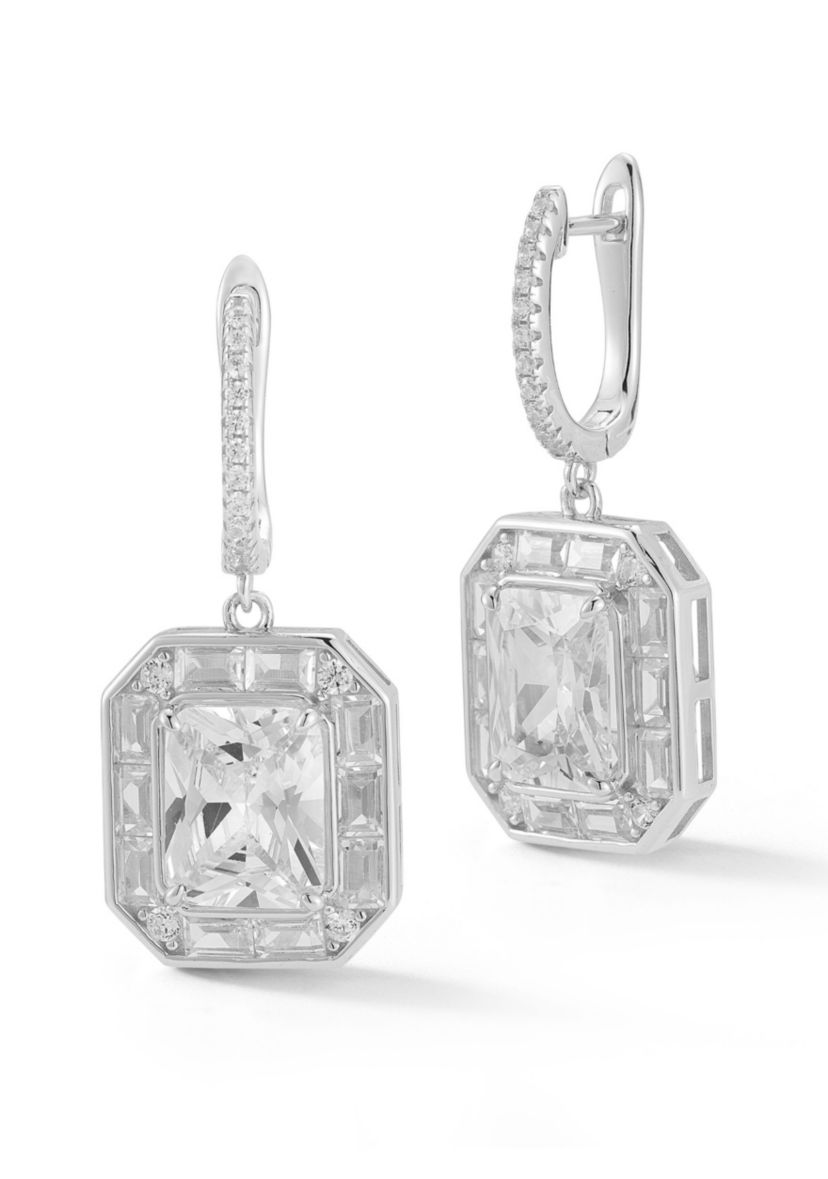 Sterling Silver Cubic Zirconia Radiant Cut Charm Huggie Hoop Earrings