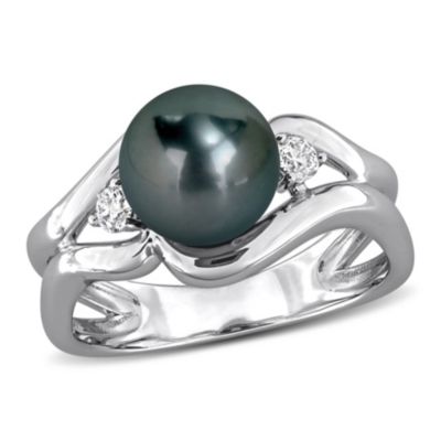 Belk & Co Lab Created White Sapphire & 8-8.5MM Black Tahitian Cultured Pearl Ring in Sterling Silver