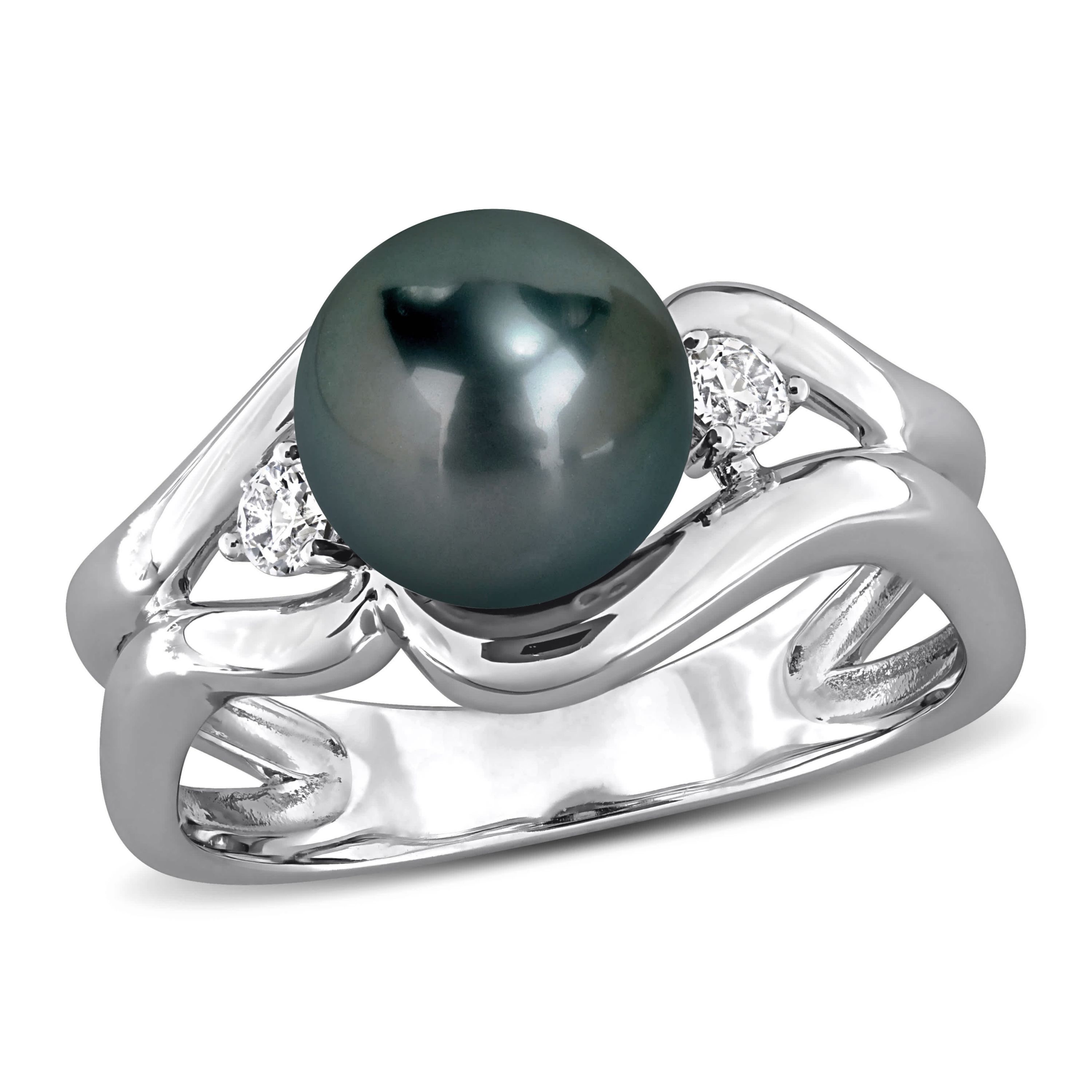 Lab Created Created White Sapphire & 8-8.5MM Black Tahitian Cultured Pearl Ring in Sterling Silver