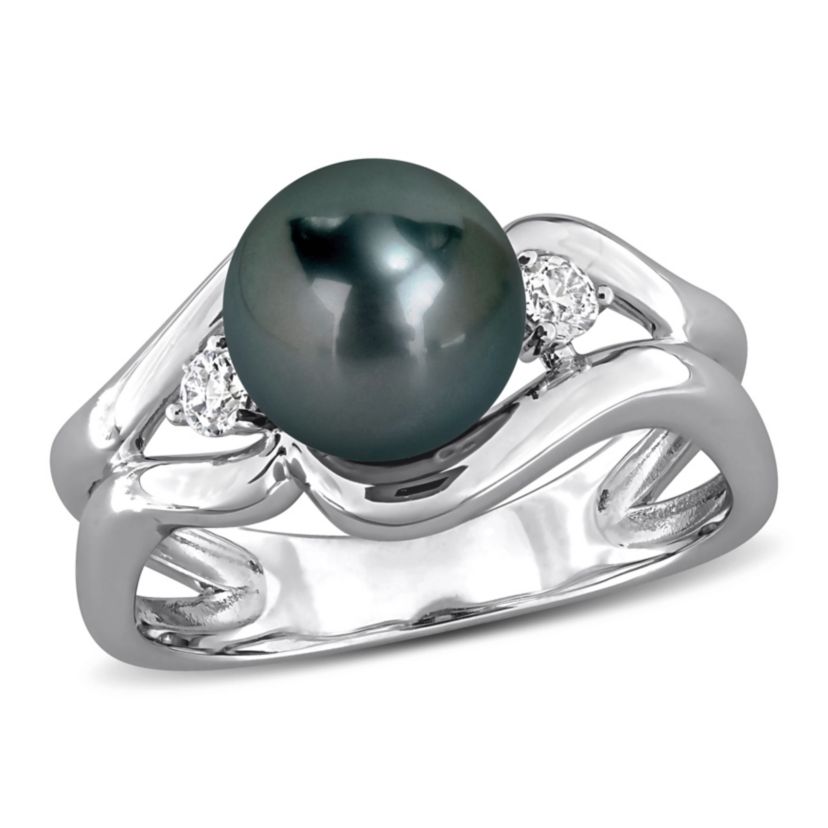 Lab Created Created White Sapphire & 8-8.5MM Black Tahitian Cultured Pearl Ring in Sterling Silver