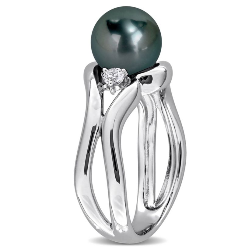 Lab Created Created White Sapphire & 8-8.5MM Black Tahitian Cultured Pearl Ring in Sterling Silver