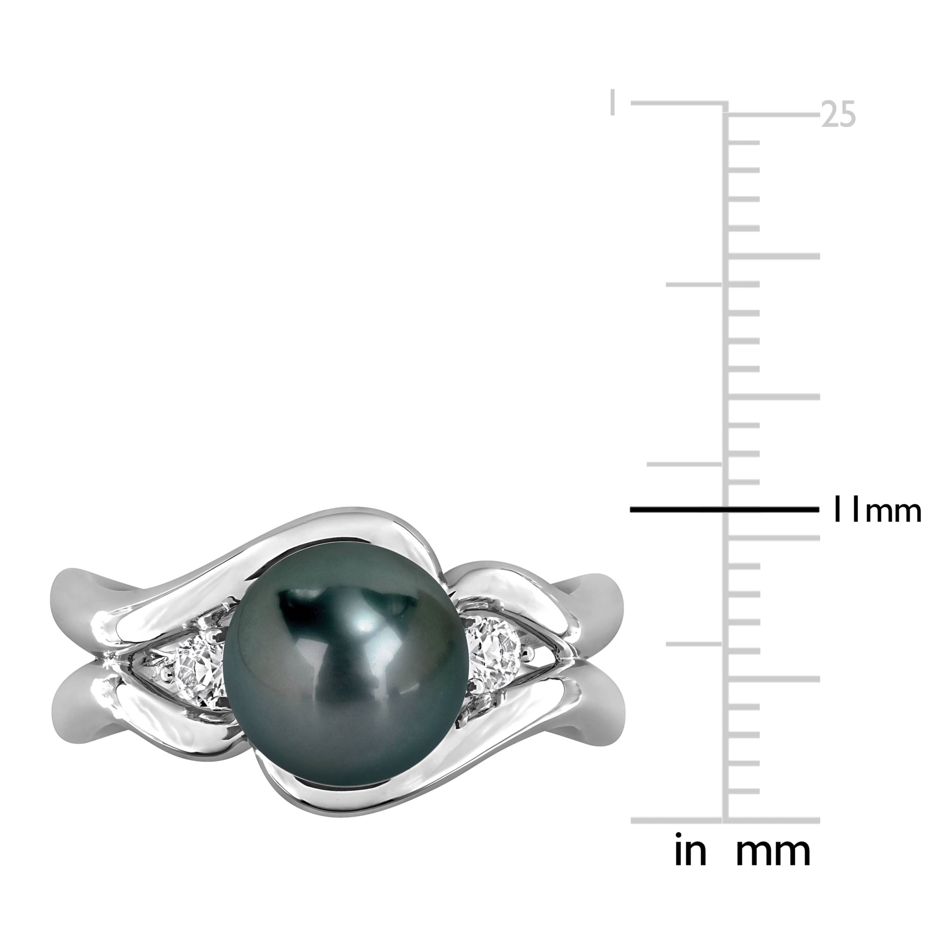 Lab Created Created White Sapphire & 8-8.5MM Black Tahitian Cultured Pearl Ring in Sterling Silver