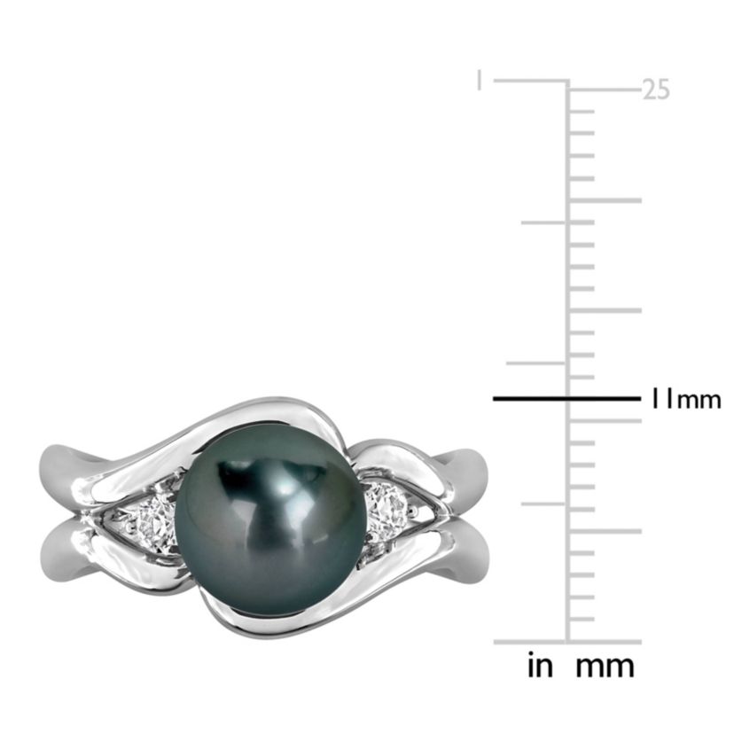 Lab Created Created White Sapphire & 8-8.5MM Black Tahitian Cultured Pearl Ring in Sterling Silver