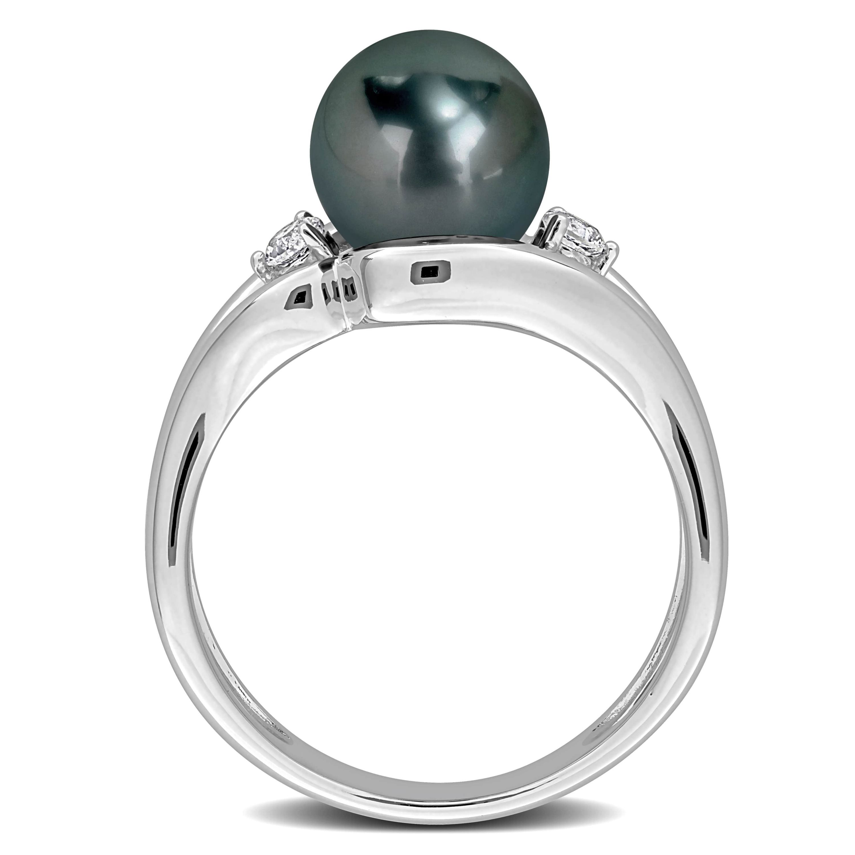 Lab Created Created White Sapphire & 8-8.5MM Black Tahitian Cultured Pearl Ring in Sterling Silver