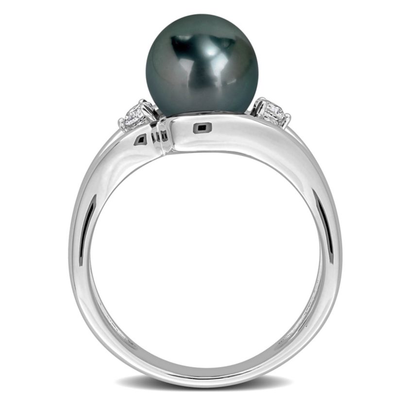 Lab Created Created White Sapphire & 8-8.5MM Black Tahitian Cultured Pearl Ring in Sterling Silver
