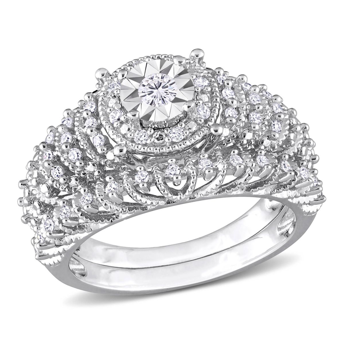 Diamond Halo Bridal Ring Set in Sterling Silver