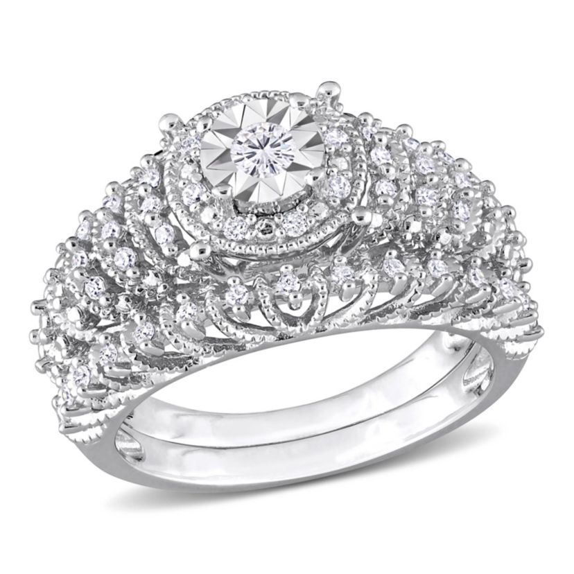 Diamond Halo Bridal Ring Set in Sterling Silver