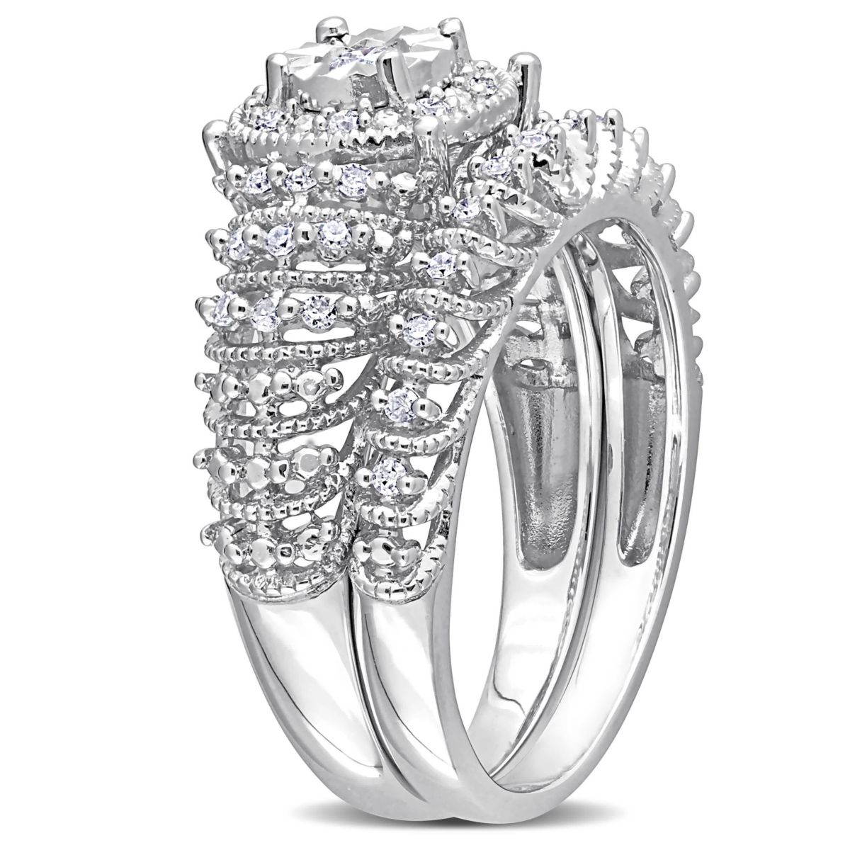 Diamond Halo Bridal Ring Set in Sterling Silver