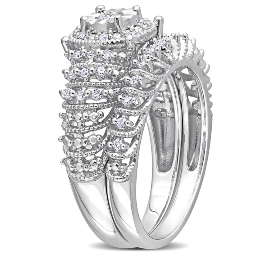 Diamond Halo Bridal Ring Set in Sterling Silver