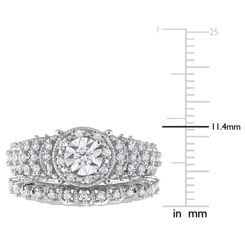 Diamond Halo Bridal Ring Set in Sterling Silver