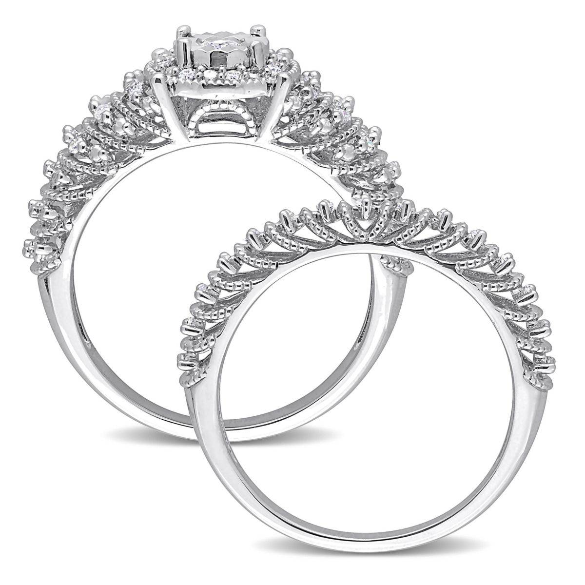 Diamond Halo Bridal Ring Set in Sterling Silver