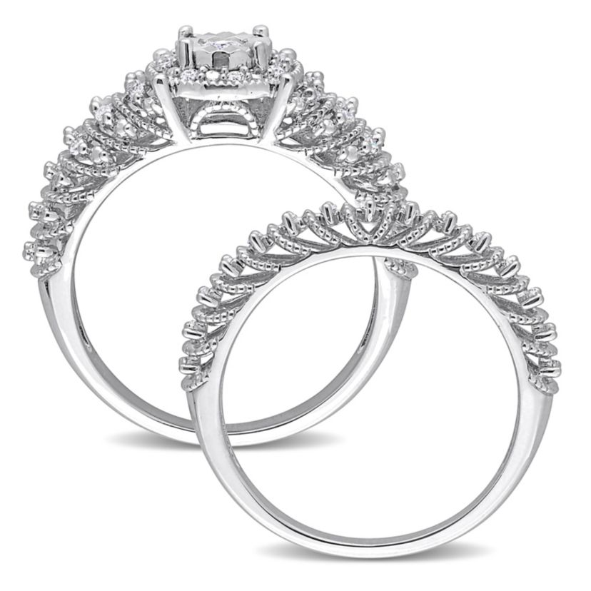 Diamond Halo Bridal Ring Set in Sterling Silver