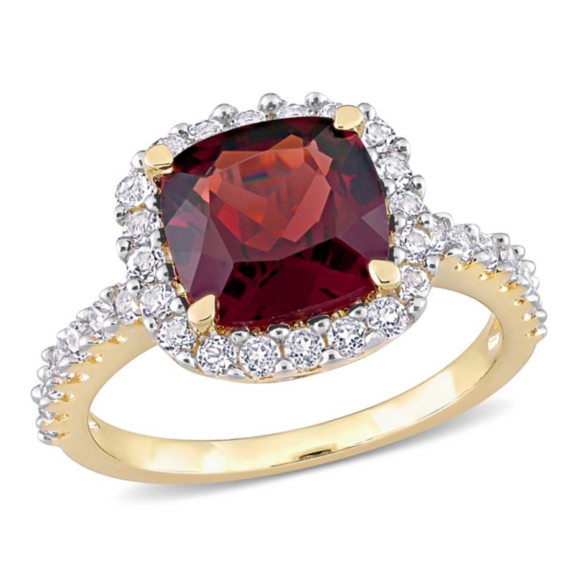 Garnet & White Topaz Ring in Yellow Plated Sterling Silver