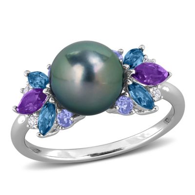 Belk & Co Amethyst-Africa, London Blue & White Topaz with Tanzanite & 8- 8.5MM Black Tahitian Cultured Pearl Ring in Sterling Silver