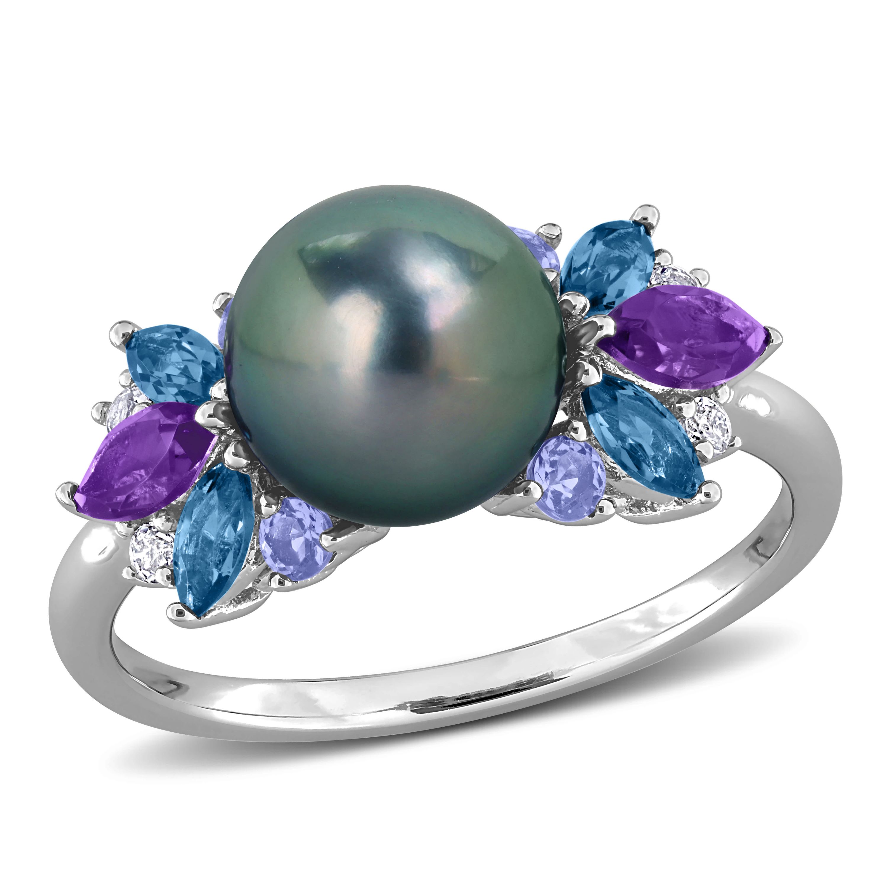 Amethyst-Africa, London Blue & White Topaz with Tanzanite & 8- 8.5MM Black Tahitian Cultured Pearl Ring in Sterling Silver
