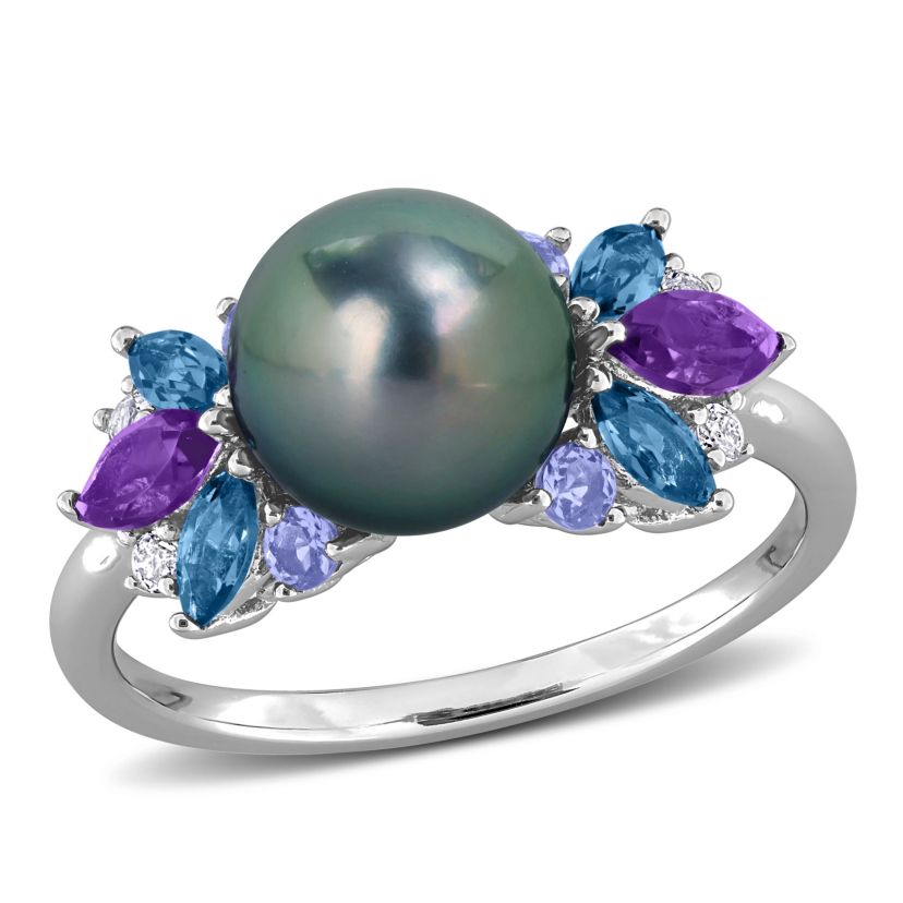 Amethyst-Africa, London Blue & White Topaz with Tanzanite & 8- 8.5MM Black Tahitian Cultured Pearl Ring in Sterling Silver