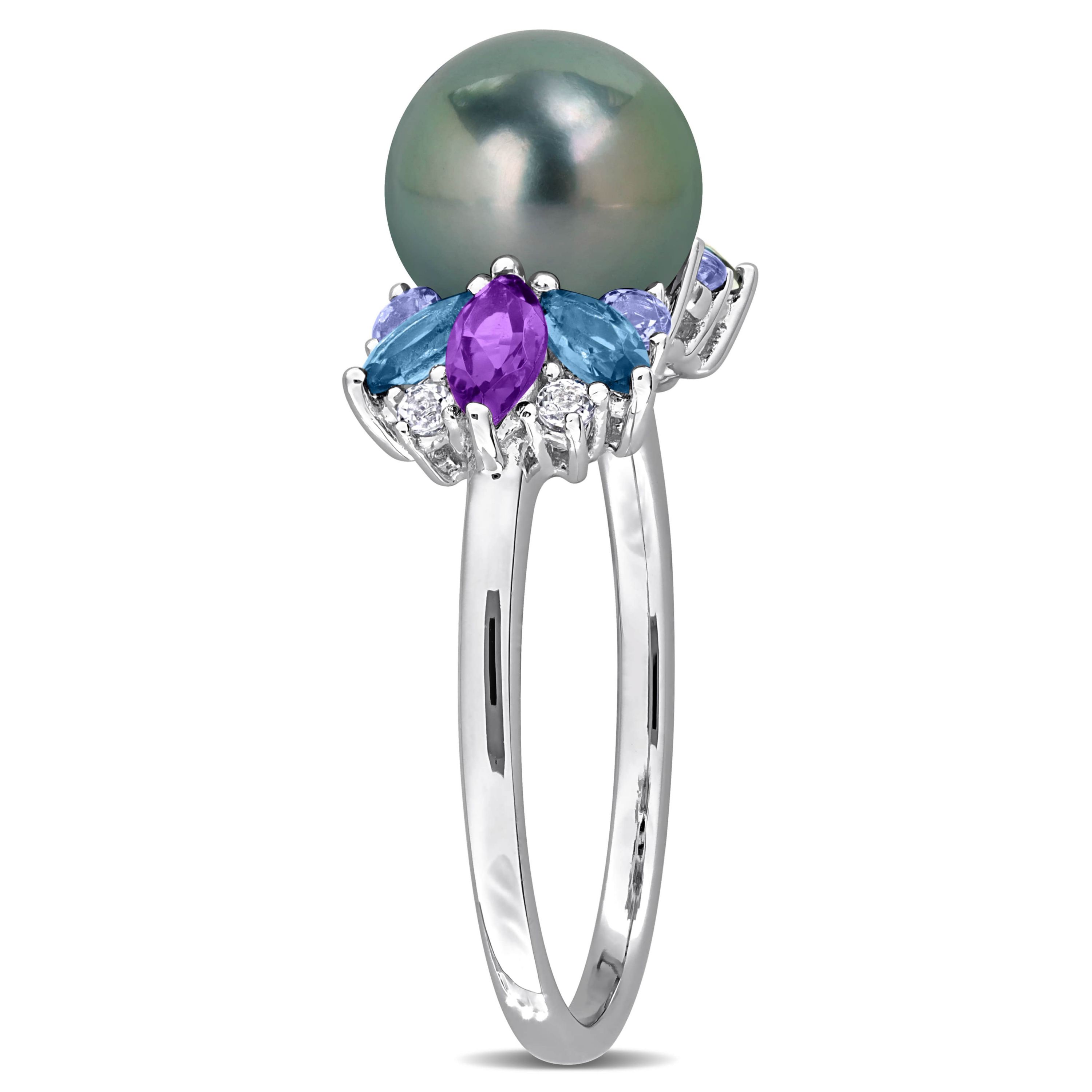 Amethyst-Africa, London Blue & White Topaz with Tanzanite & 8- 8.5MM Black Tahitian Cultured Pearl Ring in Sterling Silver
