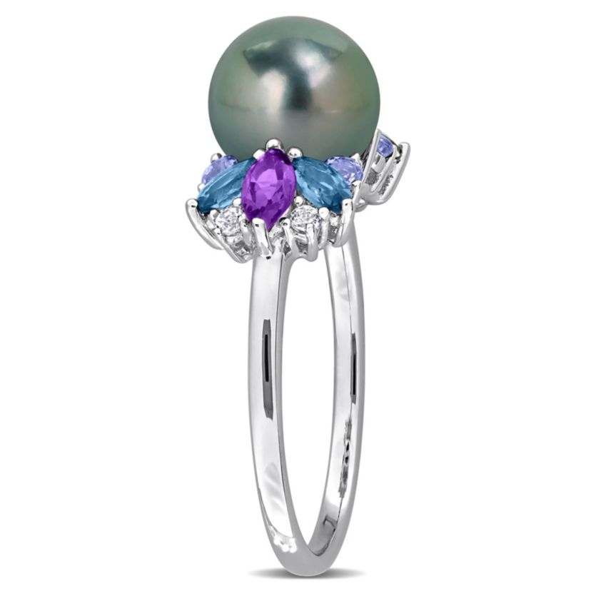 Amethyst-Africa, London Blue & White Topaz with Tanzanite & 8- 8.5MM Black Tahitian Cultured Pearl Ring in Sterling Silver