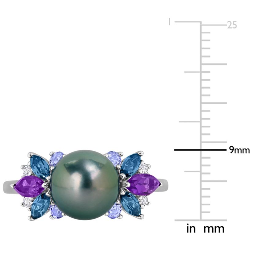 Amethyst-Africa, London Blue & White Topaz with Tanzanite & 8- 8.5MM Black Tahitian Cultured Pearl Ring in Sterling Silver