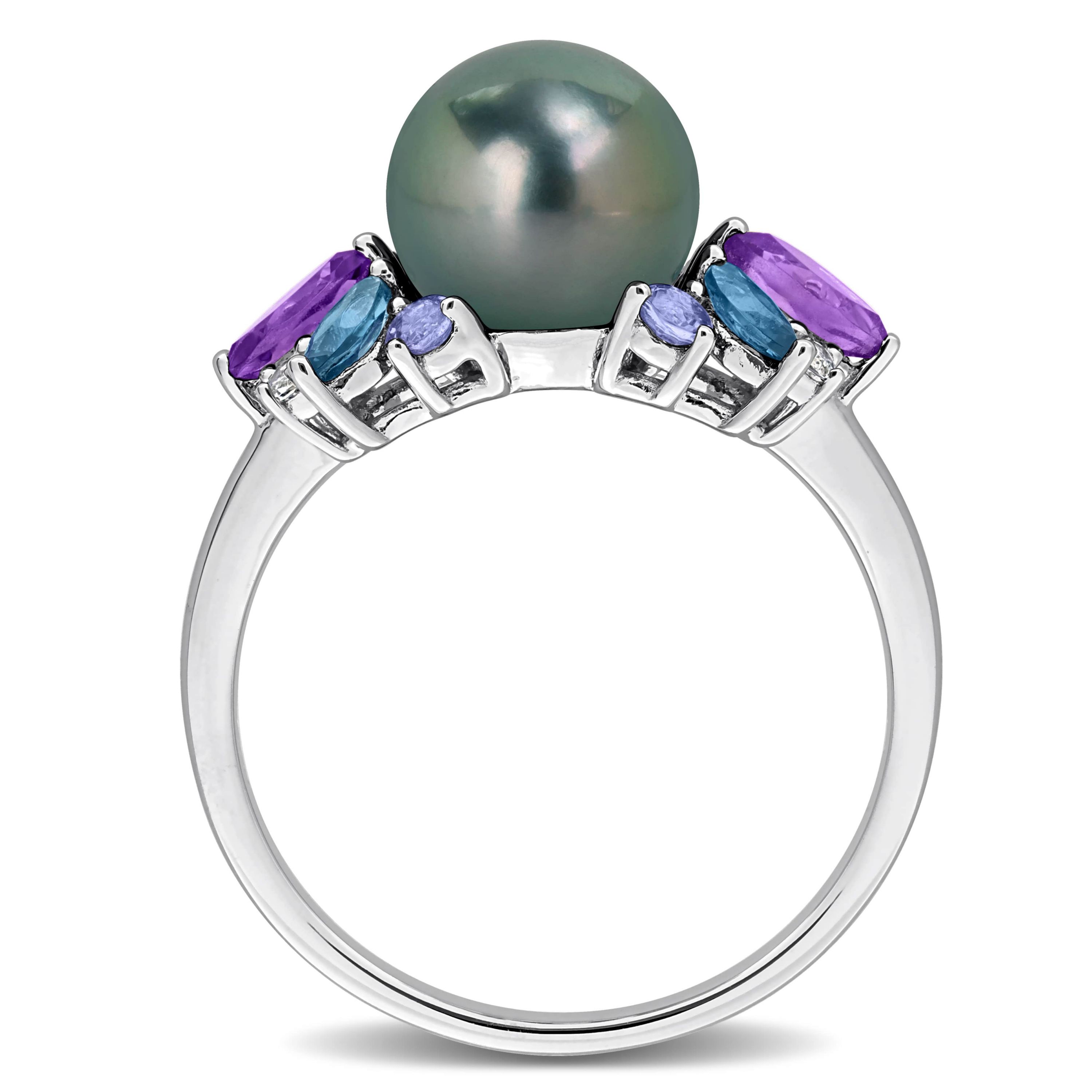 Amethyst-Africa, London Blue & White Topaz with Tanzanite & 8- 8.5MM Black Tahitian Cultured Pearl Ring in Sterling Silver