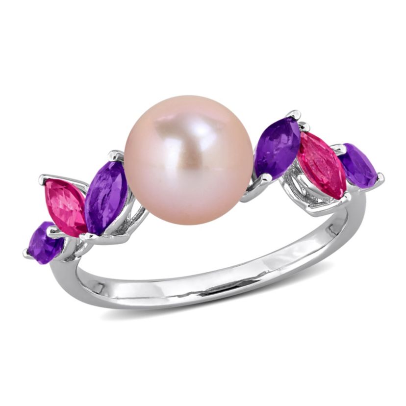 Amethyst-Africa, Pink Topaz & 8-8.5MM Pink Freshwater Cultured Pearl Ring in Sterling Silver