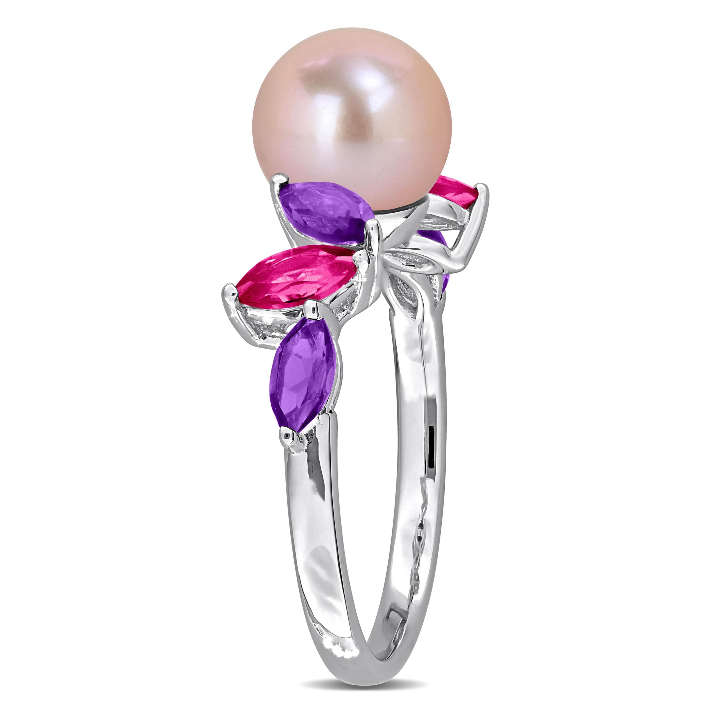 Amethyst-Africa, Pink Topaz & 8-8.5MM Pink Freshwater Cultured Pearl Ring in Sterling Silver