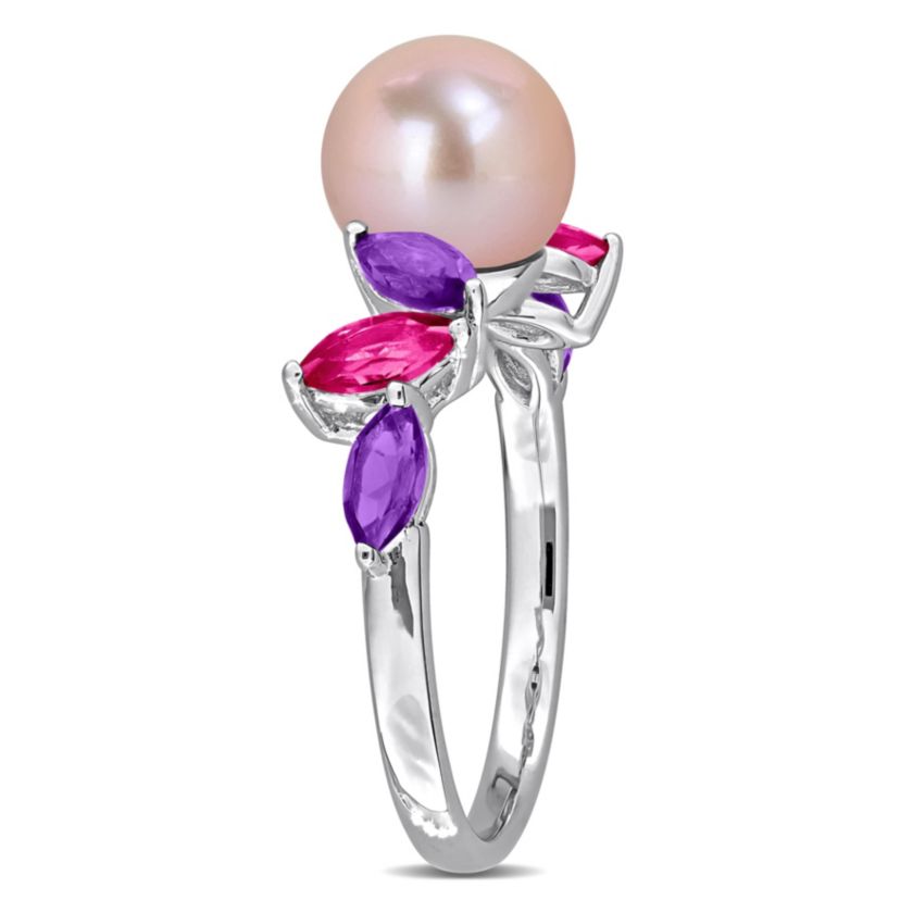 Amethyst-Africa, Pink Topaz & 8-8.5MM Pink Freshwater Cultured Pearl Ring in Sterling Silver