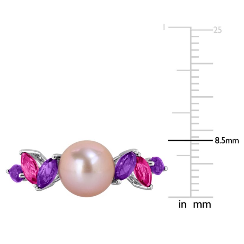 Amethyst-Africa, Pink Topaz & 8-8.5MM Pink Freshwater Cultured Pearl Ring in Sterling Silver
