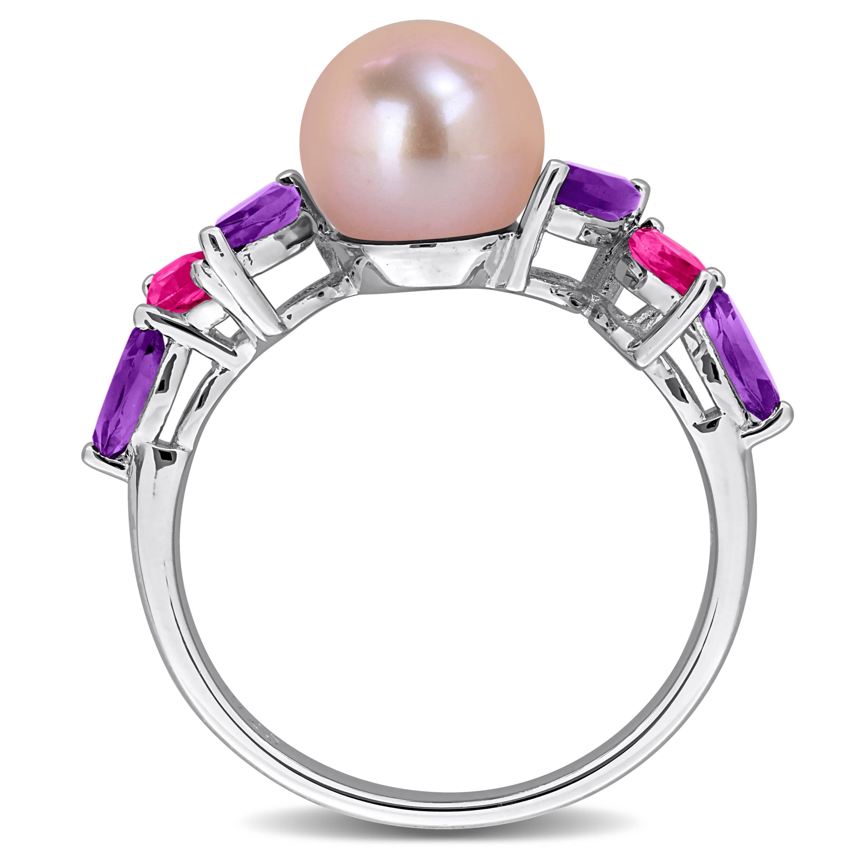 Amethyst-Africa, Pink Topaz & 8-8.5MM Pink Freshwater Cultured Pearl Ring in Sterling Silver