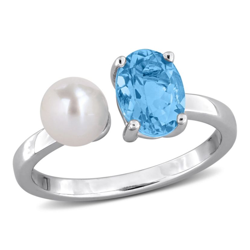Sky Blue Topaz & 5.5-6MM Freshwater Cultured Pearl Bypass Ring in Sterling Silver